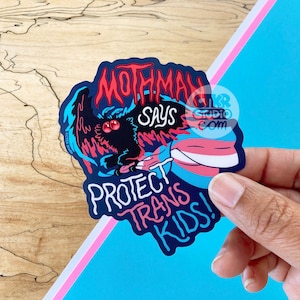 VS147 Mothman Says Protect Trans Kids Vinyl Sticker / Cryptid Queer Ally / LGBTQ / Pride / Trans Rights Medium