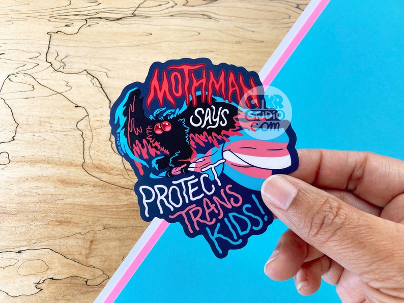 VS147 Mothman Says Protect Trans Kids Vinyl Sticker / Cryptid Queer Ally / LGBTQ / Pride / Trans Rights Medium