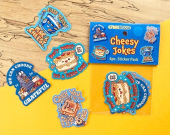 PK031 Cheesey Jokes Vinyl Sticker Pack / 4 Stickers / Funny Food Puns /  Kids Snacks / Mac and Cheese / Pizza / Grilled Cheese