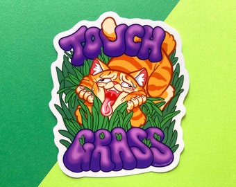 VS051 Touch Grass Cat Vinyl Sticker / Go Outside / Outdoors / Disconnect to Reconnect / Nature Sticker