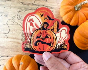 VS174 Scared Pumpkin and Ghost / Jack O Lantern / Boo Sheet / Vintage Halloween / Spooky Vibes / Vinyl Sticker