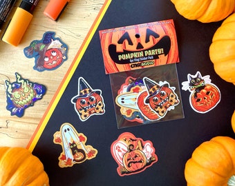 PK037 Pumpkin Party 6pc Sticker Pack /Vintage Halloween / Jack O Lantern / Black Cat / Spooky Season / Waterproof Vinyl Stickers