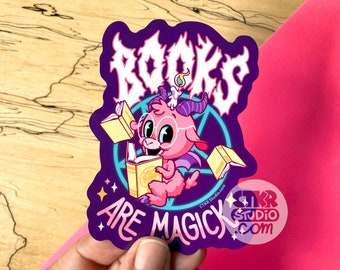 VS110 Books Are Magick Vinyl Sticker / Cute Baphomet Book Lover Gift / Occult Book Lover Decal / Kawaii Satanic Bookworm Sticker