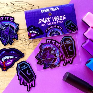 PK033 Dark Vibes 3pc Sticker Pack /Pastel Goth Reaper / Vampire Lips / Just Vibing Coffin