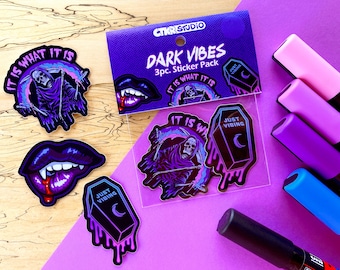 PK033 Dark Vibes 3pc Sticker Pack /Pastel Goth Reaper / Vampire Lips / Just Vibing Coffin