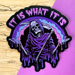 VS098 Shrugging Reaper / It Is What It Is /Pastel Rainbow Goth / dark vibes / Vinyl Skeleton Sticker image 2