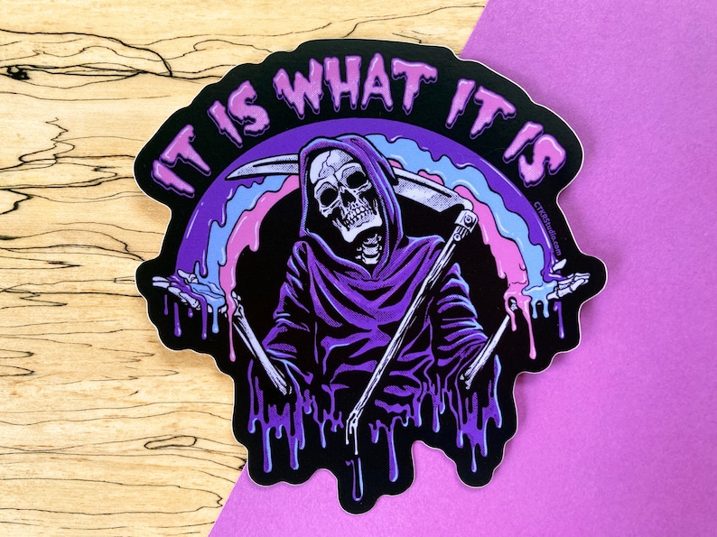 VS098 Shrugging Reaper / It Is What It Is /Pastel Rainbow Goth / dark vibes / Vinyl Skeleton Sticker image 2