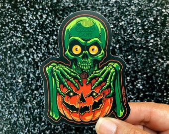 VS165 Spooky Green Skeleton with Pumpkin Vinyl Sticker / Retro Halloween Ghoul / Jack-O-Lantern / Waterproof Vinyl Sticker