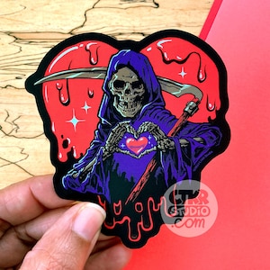 VS134 Pegatina de vinilo con forma de corazón y manos de Reaper / Te amo hasta la muerte / Pegatina de esqueleto de Whimsigoth /