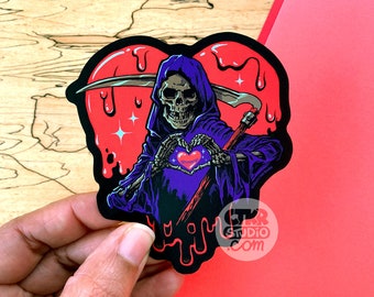 VS134 Heart Hands Reaper Vinyl Sticker / Love You to Death / Whimsigoth Skeleton Sticker /