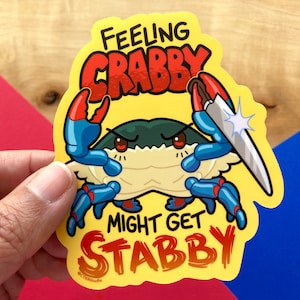 VS084 Stabby Crabby Waterproof Vinyl Sticker / Kawaii Crab with a Knife / Feeling Crabby / Maryland Blue Crab Water Bottle Sticker Regular