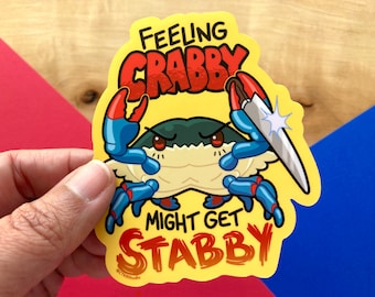 VS084 Stabby Crabby Waterproof Vinyl Sticker / Kawaii Crab with a Knife / Feeling Crabby / Maryland Blue Crab Water Bottle Sticker