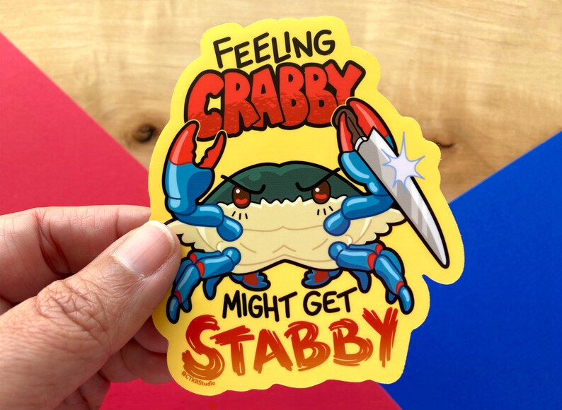 VS084 Stabby Crabby Waterproof Vinyl Sticker / Kawaii Crab with a Knife / Feeling Crabby / Maryland Blue Crab Water Bottle Sticker Regular