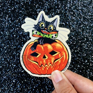 VS167 Black Cat in Pumpkin Vinyl Sticker / Retro Style Halloween Kitty and Vintage Jack O Lantern Trick or Treat Sticker