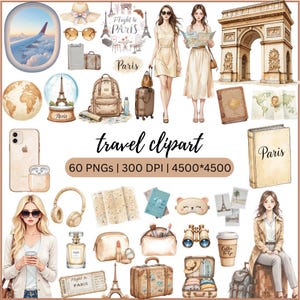 May include: A watercolour travel clipart set with illustrations of the Eiffel Tower, luggage, maps, and women. Includes the text "Flight to Paris" and "travel clipart". The set contains 60 PNGs at 300 DPI and 4500x4500 pixels.