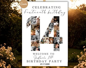 14th Birthday Photo Collage Welcome Sign | Customizable Canva Template | Display Poster