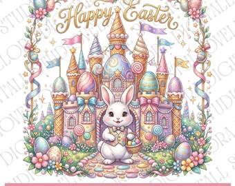 Happy Easter Bunny Castle PNG Pastel  Resurrection Spring Clipart Bundle Holiday Egg Hunt Digital