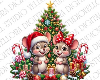 Christmas Mice PNG with Holiday Tree, Festive Winter Character Digital Design for Crafts