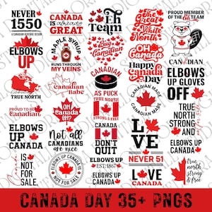 Puede incluir: Una colección de gráficos rojos y blancos con temática del Día de Canadá, con hojas de arce, un castor y discos de hockey. El texto incluye "Canada is already Great", "Eh Team" y "Elbows Up". "Canada Day 35+ PNGs" está en la parte inferior.