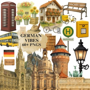 Puede incluir: Una colección de ilustraciones en acuarela con temas alemanes. Incluye una cabina telefónica roja, un autobús de dos pisos amarillo, una casa tradicional, una bicicleta, un banco y el texto "GERMAN VIBES 60+ PNGS".