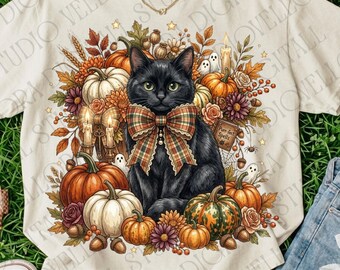 Halloween Black Cat PNG | Spooky Pumpkin Fall Shirt Design for Sublimation & Crafts