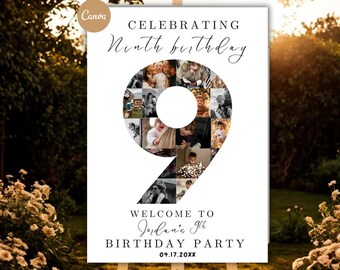 9th Birthday Photo Collage Welcome Sign | Customizable Canva Template ...