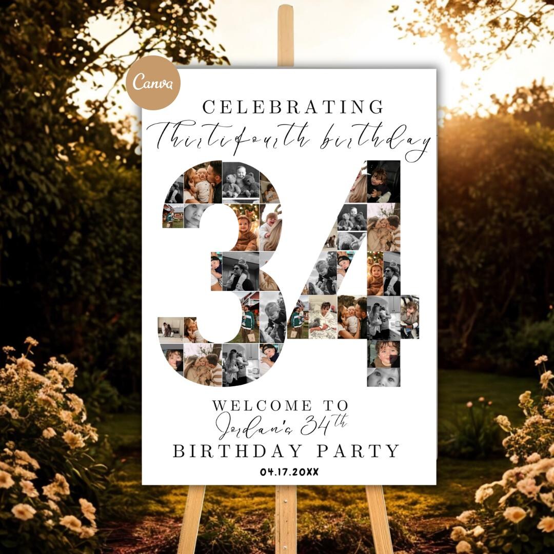 34th Birthday Photo Collage Welcome Sign | Customizable Canva Template ...
