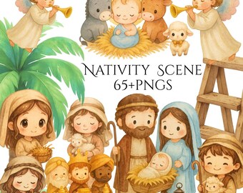 Watercolor Christian Nativity Scene Clipart, Christmas PNG Bundle