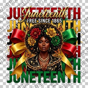May include: Digital illustration featuring a Black woman with floral hair, butterflies, and gold jewelry. The image includes the text "Juneteenth FREE SINCE 1865" with red, green, and gold ribbons and text. The overall theme is celebration and freedom.