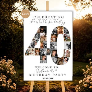 May include: A white sign on an easel with the text "Celebrating Fortieth Birthday" and "Welcome to Jordan's 40th Birthday Party". The number 40 is filled with black and white photos. The date is 04.17.20XX.