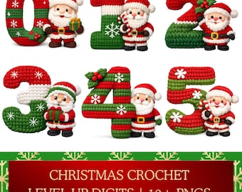 Christmas Crochet PNG, Level up Pngs, Festive Number Art, Santa Holiday Digits, Winter Knit