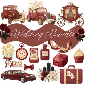 Puede incluir: Ilustración digital de un conjunto de boda con varios elementos. Incluye coches antiguos, un carruaje tirado por caballos, tacones altos, una caja de anillos, un frasco de perfume, una maleta y arreglos florales. Se muestra el texto "Wedding Bundle".