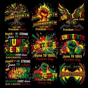 Peut inclure: Plusieurs motifs sur le thème du Juneteenth sur fond noir. Chaque motif présente le mot "Juneteenth" en lettres grasses, des dates, des phrases comme "Freedom Rises" et des éléments graphiques.