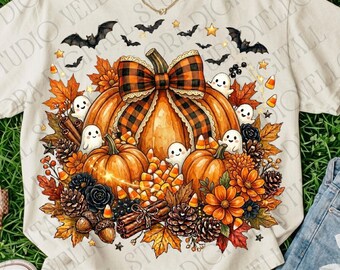 Halloween Pumpkin Bow Ghost PNG | Spooky Fall Shirt Design for Sublimation