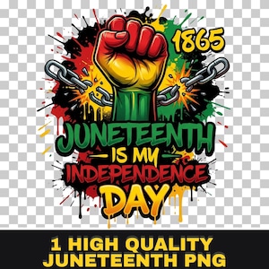 May include: A graphic design featuring a clenched fist in red, yellow, and green, breaking chains. The text reads "Juneteenth Is My Independence Day" with the year "1865" and the words "1 High Quality Juneteenth PNG".