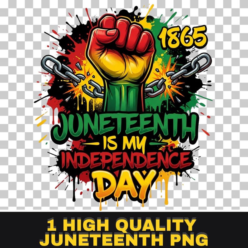 May include: A graphic design featuring a clenched fist in red, yellow, and green, breaking chains. The text reads "Juneteenth Is My Independence Day" with the year "1865" and the words "1 High Quality Juneteenth PNG".