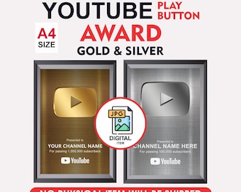 Placas/premios personalizados de YouTube / Premio de botón de reproducción personalizado / Placa de éxito de YouTube / Premio al creador de contenido / Solo archivo JPG