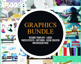 Paquete de gráficos, efectos de Photoshop, plantillas de currículum, certificados, acuarelas y logotipos para diseñadores: descarga instantánea.