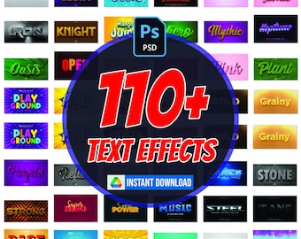 Más de 110 efectos de texto para Photoshop / Estilos tipográficos editables, fácil personalización / Descarga digital instantánea para diseñadores