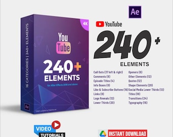 Paquete para creadores de YouTube de Videohive: más de 240 plantillas de After Effects, tercios inferiores, transiciones y revelaciones de logotipos para vloggers y youtubers.