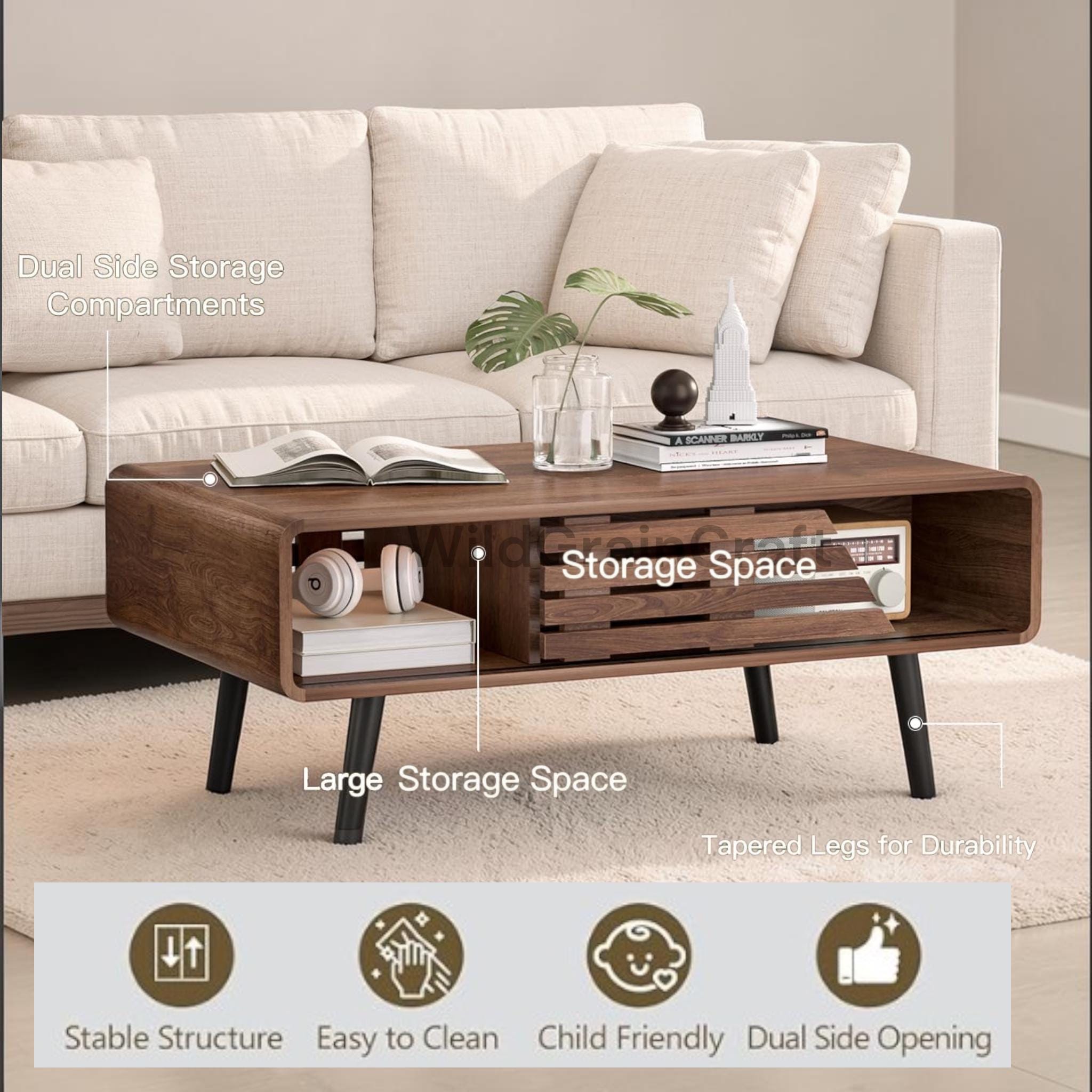 Mid Century Modern Coffee Table With Sliding Door Storage, Fluted Wood ...