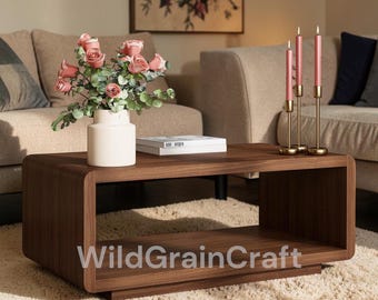 Mid Century Modern Walnut Coffee Table  43 Rectangular Wood Table with Open Shelf  Rounded Edge Scratch Resistant Living Room