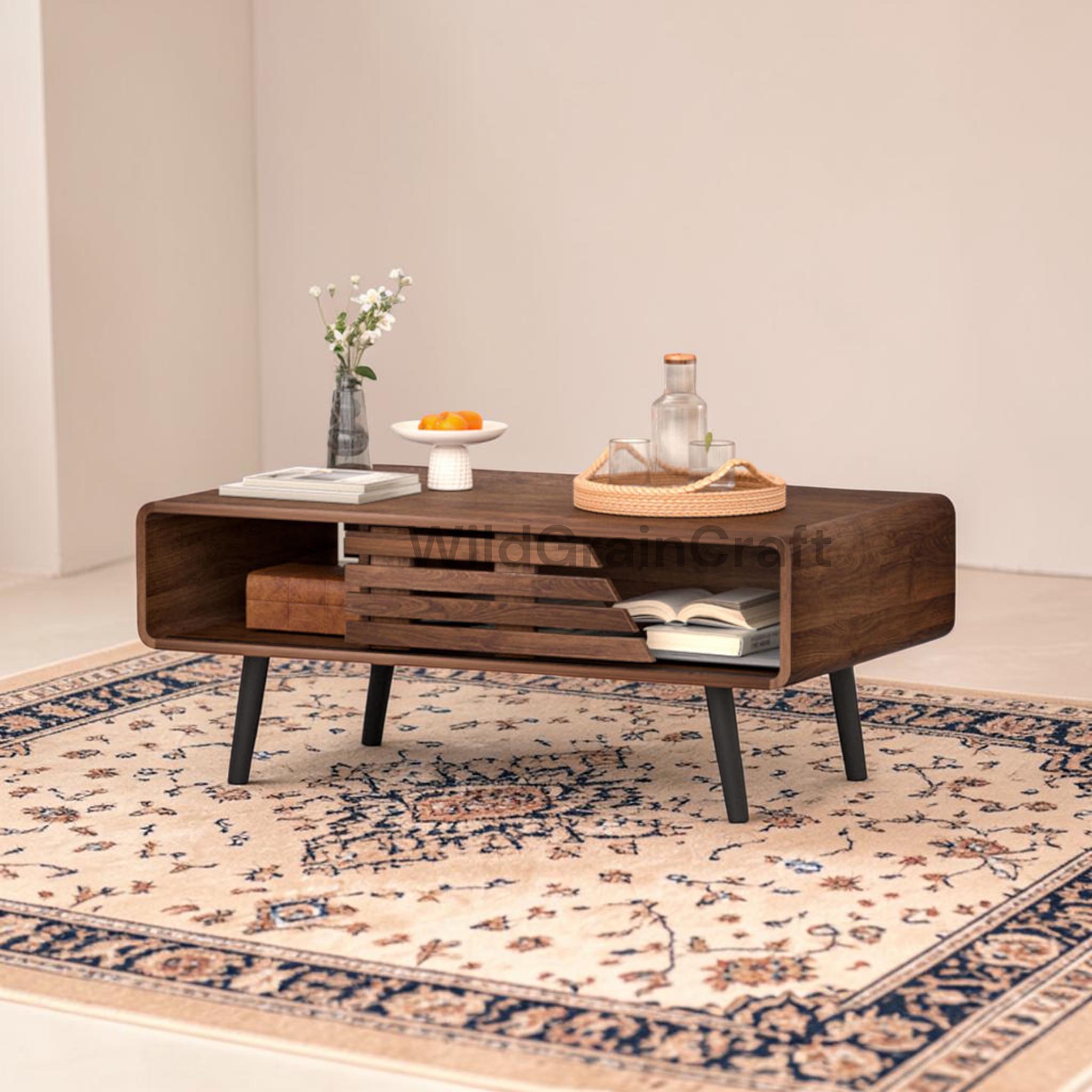 Mid Century Modern Coffee Table With Sliding Door Storage, Fluted Wood ...