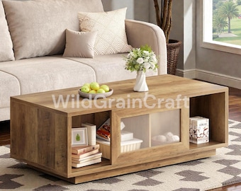 Large 47 Inch Walnut Coffee Table, Modern Rectangle Wood Table with Sliding Door & Open Shelf Storage for Living Room