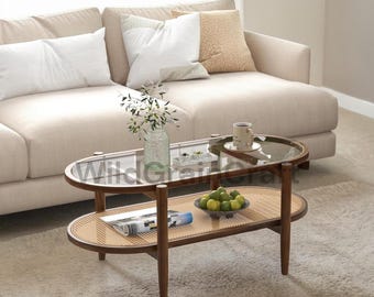 Rattan Coffee Table, Glass Top Coffee Table, Boho Center Table, Oval Coffee Table.