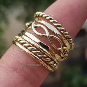 Handmade Brass Stacking Ring Set: Rope Twist, Smooth & Textured Boho Bands | Minimalist Vintage Jewelry