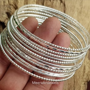 Dainty Sterling Silver Bangle Bracelet | Minimalist Stackable Bangles, Set of 12