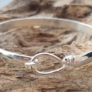 Chunky Sterling Silver Hook Bangle Bracelet | Silver Open Cuff Bangles | Adjustable Minimal Jewelry