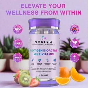 May include: A bottle of Norisia Next-Gen Bioactive Multivitamin capsules. The bottle is purple and white, with text that reads "Elevate Your Wellness From Within." The image includes strawberries, kiwi, and orange slices. The product is 100% vegan and AI certified.