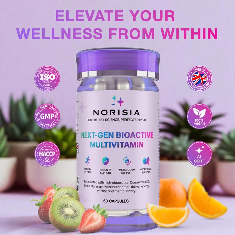 May include: A bottle of Norisia Next-Gen Bioactive Multivitamin capsules. The bottle is purple and white, with text that reads "Elevate Your Wellness From Within." The image includes strawberries, kiwi, and orange slices. The product is 100% vegan and AI certified.